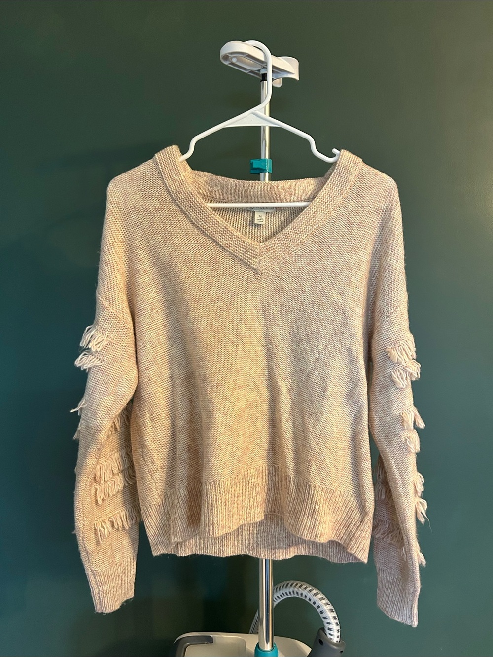 V-Neck Fringe Sleeve Knit Sweater in Light Pink